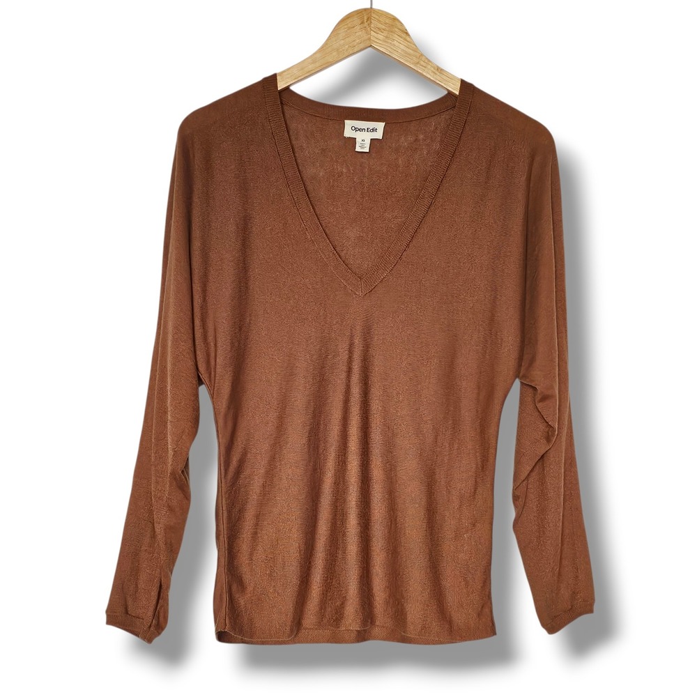 Open Edit Sweater XS‎ Womens Brown Dolman Sleeve Lightweight Earthy Quiet Luxury